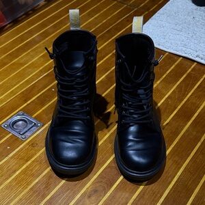 Black Vegan Leather Lace-Up Dr Martens Boots with Yellow Pull Tabs
